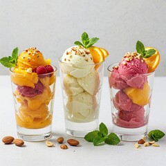 Colorful Assortment of Fruit Sorbet and Ice Cream Scoops in Glasses with Fresh Mint, Orange Slices, and Nuts – Refreshing Summer Dessert Concept on Light Background