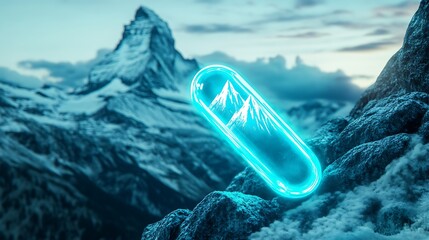Glowing pill with mountain and altitude symbols, symbolizing health innovation and breakthrough in medical science.