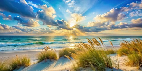 Serene Coastal Sunset Golden Hour Rays Illuminate Sandy Beach and Grassy Dunes