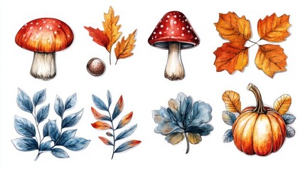 Obraz premium Watercolor autumnal illustration featuring mushrooms, leaves, and a pumpkin. Detailed botanical elements in warm, fall colors