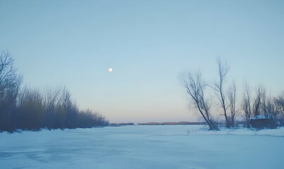 Serene winter landscape at dawn, frozen river, bare trees, full moon in pale sky, tranquil scene.