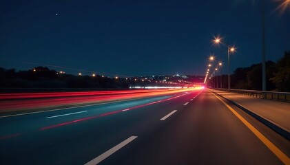 Blurred motion of a speeding car on a highway at night, streaks of light visible , landscape, motion