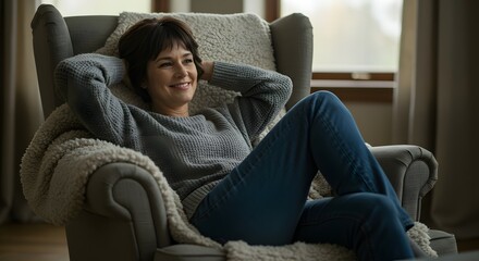 Fototapeta premium Relaxing Woman in Comfortable Armchair at Home A Serene Moment of Peace and Tranquility, Enjoying Cozy Atmosphere