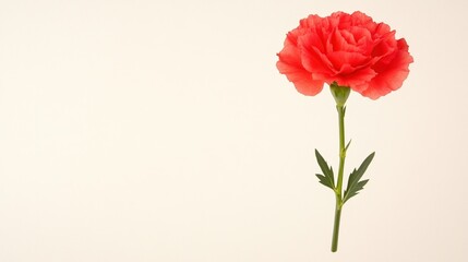 A single red carnation flower with a green stem on a pale background.
