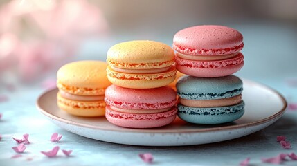 Obraz premium Stacked colorful macarons on a plate