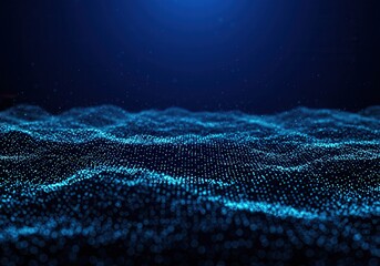 Abstract blue digital landscape with glowing particles in a dark environment