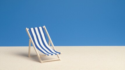 A striped blue and white deck chair sits on a sandy surface against a blue wall, evoking a relaxing beach vibe.
