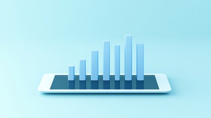 A digital tablet displays a three-dimensional bar graph with blue bars, symbolizing data analysis and growth on a light blue background.