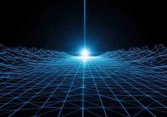 Abstract blue grid landscape with light beam and horizon, futuristic background