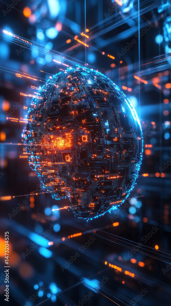 Poster a computer generated image of a glowing orb with a blue and orange glow. the image is abstract and f