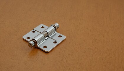 Metal door hinge on wooden surface architecture and construction hardware component
