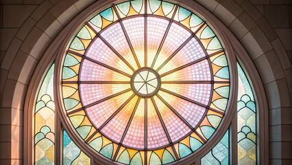 Vibrant circular stained glass window with intricate geometric patterns and pastel hues, radiating light and creating serene atmosphere