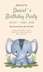 Watercolor Illustration Safari Animal Birthday party card template design