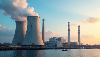 A large industrial power plant with cooling towers and smokestacks against a clear sky , electrical power, generation, electricity