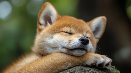 Sleepy puppy resting outdoors, soft fur, peaceful scene