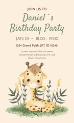 Watercolor Illustration Safari Animal Birthday party card template design