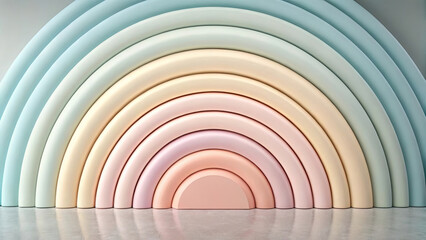 Obraz premium Pastel rainbow arch installation with soft, muted colors creates calming and modern aesthetic in minimalistic interior space