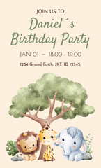 Watercolor Illustration Safari Animal Birthday party card template design