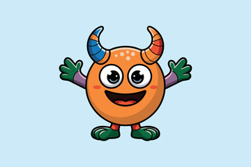Naklejka premium Cute and friendly orange monster character with big eyes and horns on light blue background