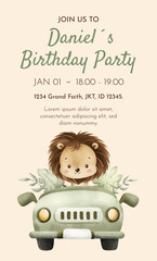 Watercolor Illustration Safari Animal Birthday party card template design