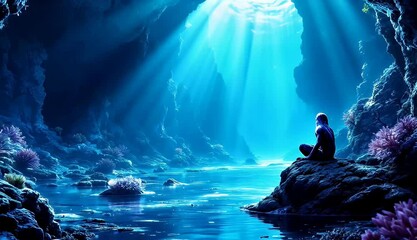 Serene Underwater Cave A Figure Contemplates in a Mystical Blue Grotto
