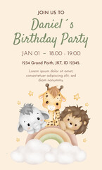 Watercolor Illustration Safari Animal Birthday party card template design