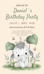 Watercolor Illustration Safari Animal Birthday party card template design