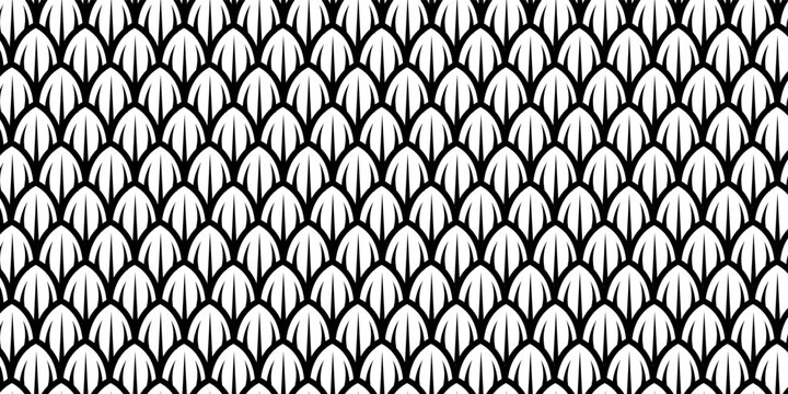 Dragon snake reptile fish mermiad scale seamless pattern tile. Dinosaur skin seamless pattern. Vector black line background.