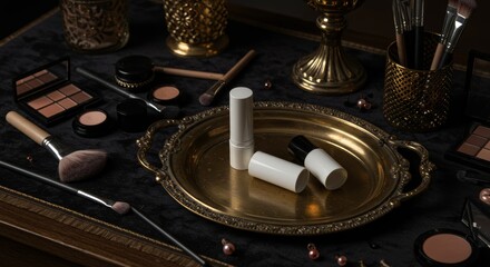 Fototapeta premium Elegant beauty composition featuring makeup, brushes, and decorative elements