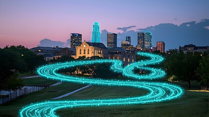 Fototapeta premium City skyline at twilight, highlighted by ethereal pathways