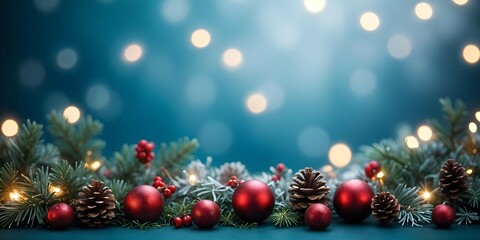 Fototapeta premium Festive Christmas Background with Pine Cones and Ornaments. red Christmas ornaments and natural pine cones nestled among green pine branches.