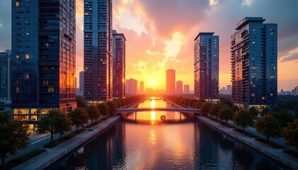 Obraz premium Modern city office buildings at sunset, reflecting light , contemporary, golden hour, office towers