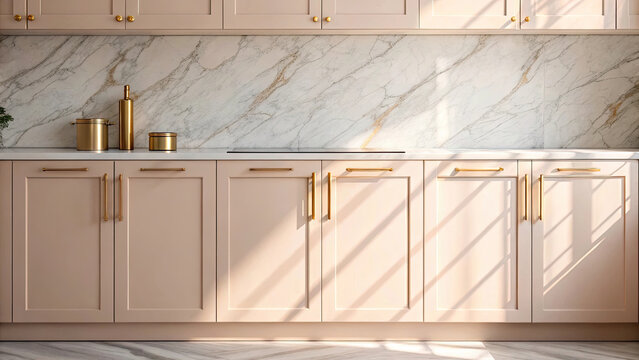 Pastel minimalist kitchen with luxury design, featuring light pink cabinets, gold handles, and marble backsplash illuminated by natural sunlight