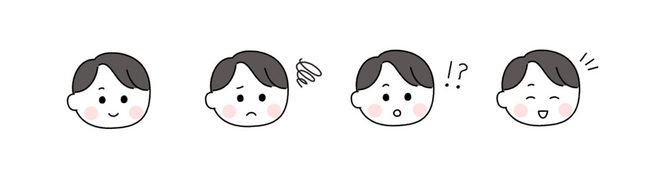 ゆるかわいい手描き風の表情セット／黒髪の男性