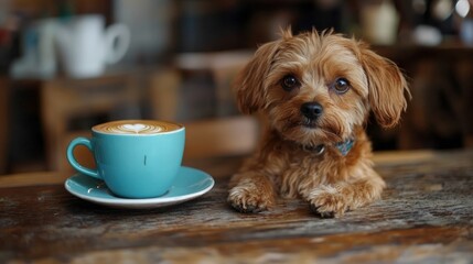 Adorable puppy sits at a wooden table with a latte