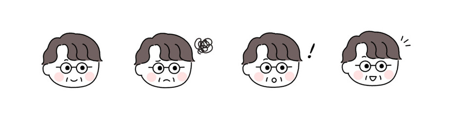 ゆるかわいい手描き風の表情セット／眼鏡を掛けた高齢男性