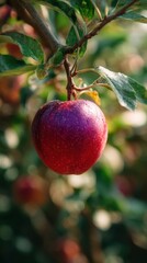 Vibrant crimson  hanging from a branch laden with leaves.