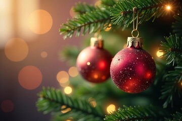 Fototapeta premium Sparkling Christmas tree ornaments hanging on a decorated tree branch , sparkle, festive season, merry