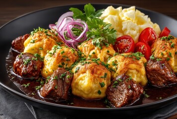 Gourmet Beef Dish Served with Dumplings, Fresh Salad, and Garnish on a Dark Plate for Culinary Presentation and Food Photography