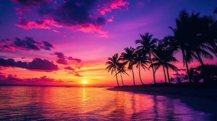 Tropical sunset over tranquil beach. Silhouettes of palm trees frame the shoreline at golden hour