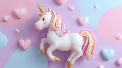 Fototapeta premium Cute unicorn plush toy, in pastel colors, sitting on the floor with a hearts bokeh background. Valentines Day