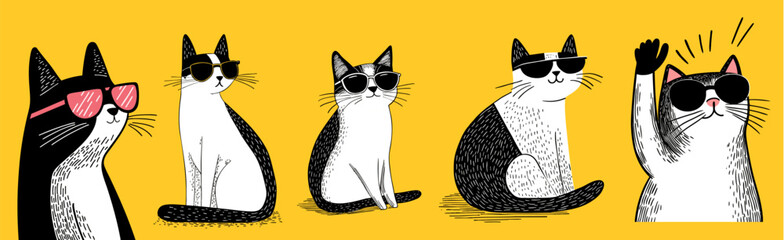 Fototapeta na wymiar illustration set of cool summer cats wearing sunglasses.