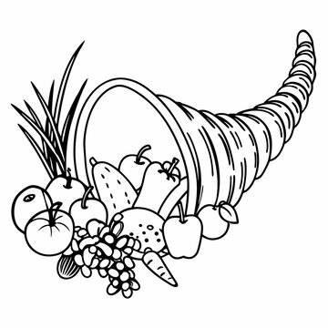 black and white cornucopia overflowing produce clip art preview