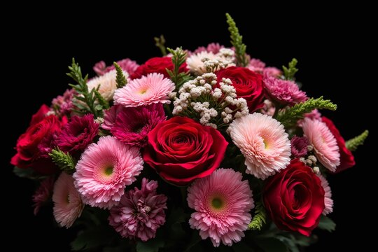 bouquet of red roses and other flowers on a black background