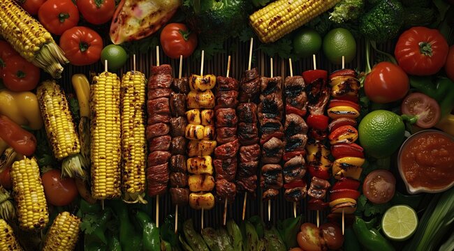 Mouthwatering display of grilled meat, featuring different types of kebabs on wooden sticks with shiny mar bella grill marks. The background is filled with colorful vegetables like corn, tomatoes, lim