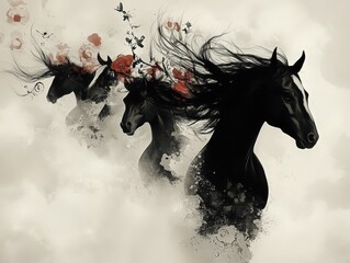 Obraz premium Dramatic silhouette of horses dissolving into floral watercolor textures, creating an ethereal and artistic composition