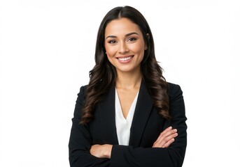 Smiling businesswoman with arms crossed in black suit jacket on white background