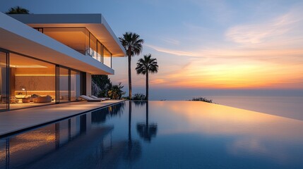 Fototapeta premium Luxurious cliffside home with infinity pool at sunset
