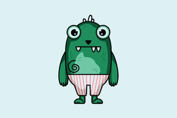 Obraz premium Cute cartoon monster in striped pajamas with big eyes standing against a light blue background