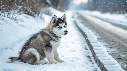 Naklejka premium Fluffy Siberian Husky puppy with striking blue eyes sits on snowy roadside, surrounded by falling snowflakes, creating serene winter scene